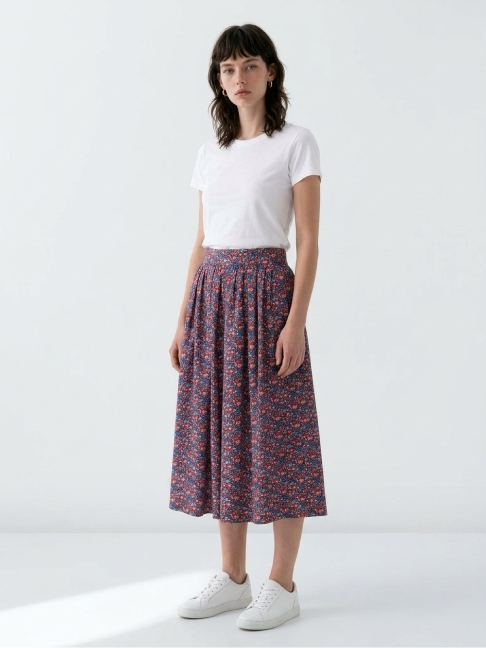 J. Crew Red, Pink and Blue Cotton Pleated Midi Skirt In Liberty Betsy Ann Floral
